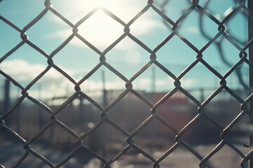 Fototapeta premium Close-up of chain link fence with sun shining through, blurred background.