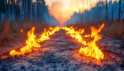 Fiery path through a forest at sunset, flames burning along a dirt road