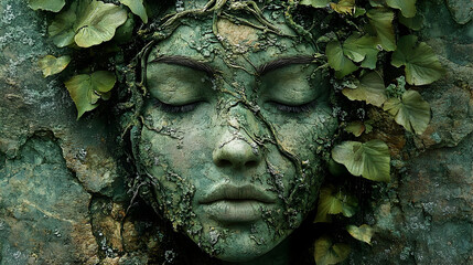 Fototapeta premium A beautiful female face appears made of stone and vegetation