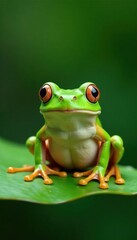 Naklejka premium Green frog on a leaf with silly expression and wiggling legs , greenfrog, sitting, green