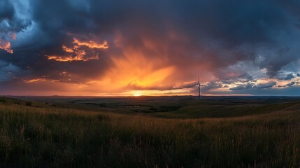 Dramatic sunset over grassy plains with a wind turbine. (1)