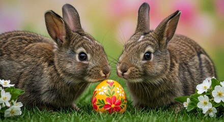 Fototapeta premium harmonious scattering of eggs painted with watercolor designs, resting among dewy grass and small white blossoms. Sunlight cascades gently through leafy branches above, adding depth and natural warm