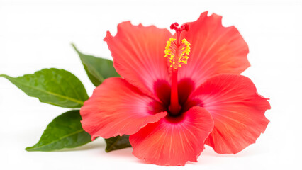 Fototapeta premium Vibrant Red Hibiscus Flower with Leaf on White Background Capturing Nature's Beauty and Elegance