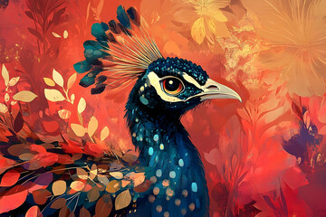 An illustrated portrait showcases a beautiful peacock in nature