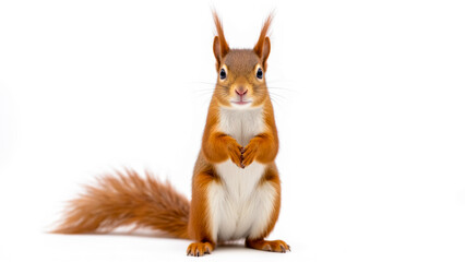 Cute Red Squirrel Standing Upright with Fluffy Tail Against a White Background