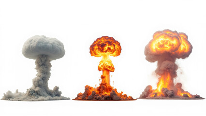 Dramatic Explosion Effects with Mushroom Cloud in Various Colors and Shapes Against a White Background