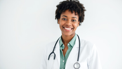 Confident Doctor Smiling in Professional Attire with Stethoscope Against Light Background