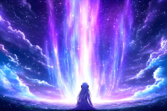 Girl watches vibrant cosmic light show