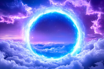 Glowing celestial ring above clouds in a vibrant, fantasy sky