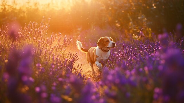 Happy beagle dog running through a lavender field at sunset.