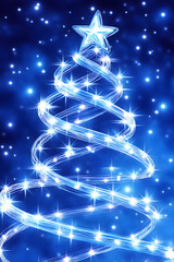 Glowing spiral Christmas tree design on a dark blue background with sparkling lights