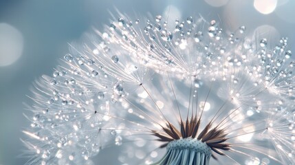 Dew-kissed dandelion seed head close-up.