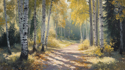 Obraz premium Sunlit path through autumn birch forest.