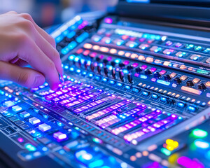 Obraz premium Hand adjusting colorful audio mixing console