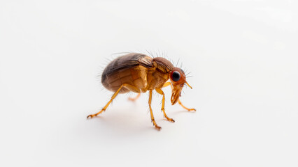Close-up View of a Small Brown Insect with Red Eyes Crawling on Light Background