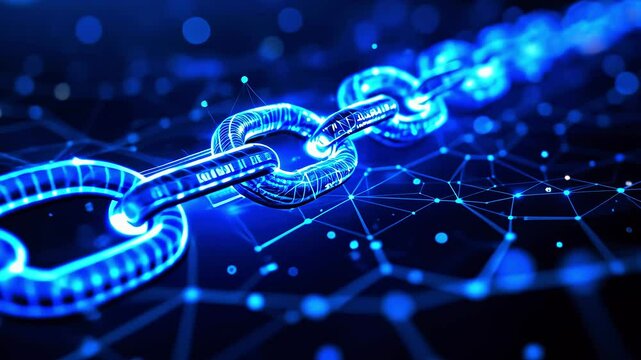 Futuristic digital chain links connected by glowing nodes, representing blockchain technology in a network