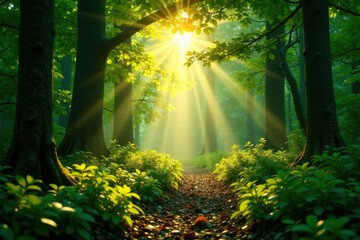 Gentle morning sunlight filters through a leafy green canopy, casting a soft warm glow on a peaceful forest floor , nature, forest, atmosphere