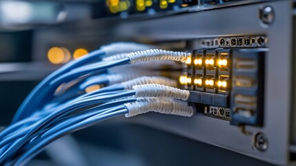 Naklejka premium Close-up of fiber optic cables connected to a network switch.