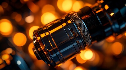 Close-up of a metallic camera lens against a bokeh background.
