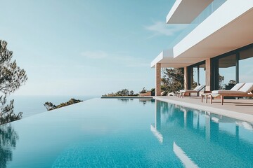 Modern luxury villa with infinity pool overlooking ocean.