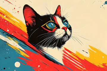 A stylized portrait of a domestic cat looking upwards with interest