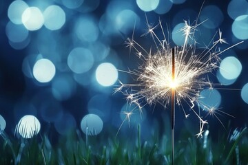 Fototapeta premium A sparkler is lit in the grass, surrounded by a blurry background
