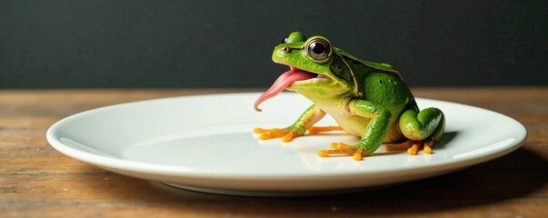 Frog's tongue flicks out of white board-like plate, tongue, food, white