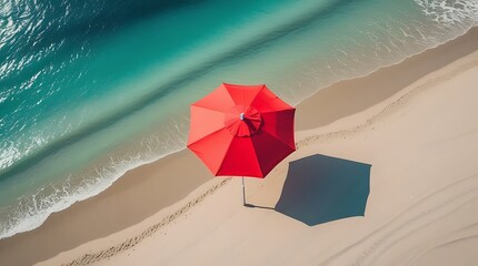 Scenic top-down shot of a red sunshade on a pristine sandy shore beside crystal-clear ocean waves, symbolizing leisure, travel, exotic getaways, and peaceful beachside retreats.


