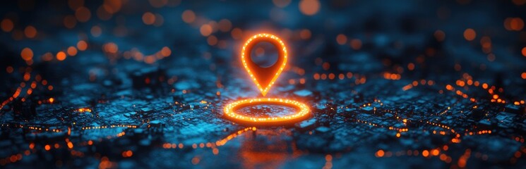 Glowing Orange Location Pin on Dark Blue Textured Background