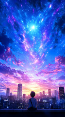 Person silhouetted against vibrant sunset cityscape and fantastical, starry sky