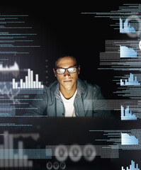 Man, overlay and computer with data analysis at night as employee for overtime and deadline on...