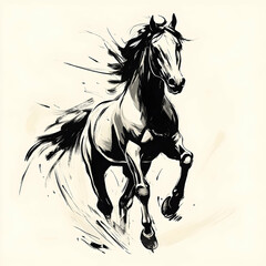 A majestic black and white horse is shown in dynamic motion