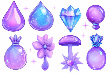 Purple and blue fantasy potion, crystal, and flower elements