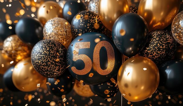 Golden And Black Balloons For 50th Birthday Celebration - Powered by Adobe
