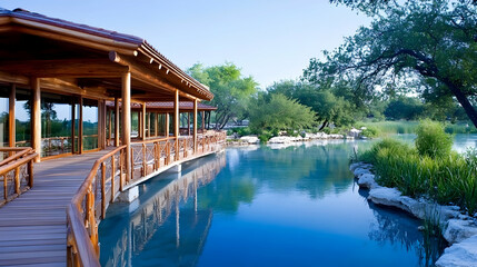 Serene lakeside wooden pavilion with bridge