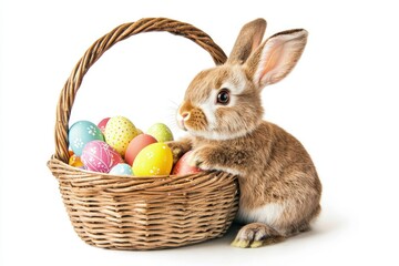 Adorable Easter bunny beside a wicker basket filled with colorful eggs on white background. Ideal for seasonal ads, kids’ crafts, cards, and Easter promotions