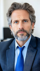 Serious middle-aged man in suit, graying hair and beard, blue eyes