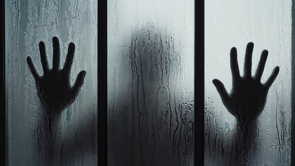 Silhouette of a person with hands pressed against wet glass
