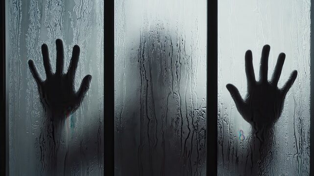 Silhouette of a person with hands pressed against wet glass - Powered by Adobe