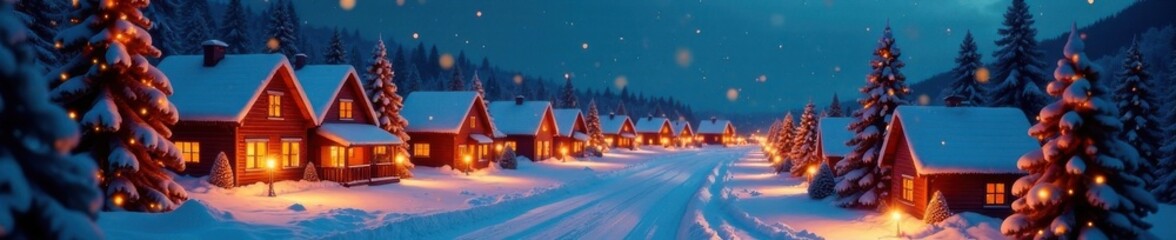 Elegant Christmas Village Background with Twinkling Lights, snow-covered buildings, cozy ambiance
