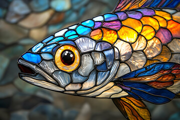 A detailed colorful stained glass depiction of a fishs head