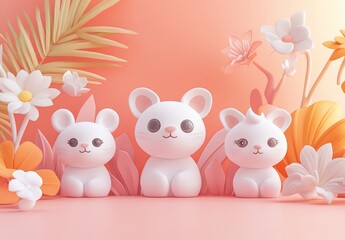 Obraz premium Three cute white cartoon rabbits sitting amidst pastel flowers and leaves on a pink background.