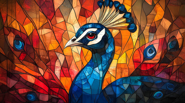 A beautiful peacock displayed in a colorful stained glass style