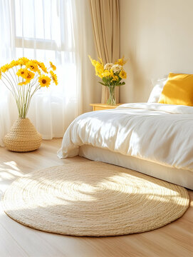 Sunlit bedroom with round jute rug, white bedding, and yellow sunflowers