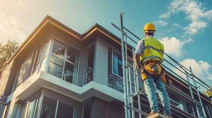 Construction worker on scaffolding overlooking a modern house under construction