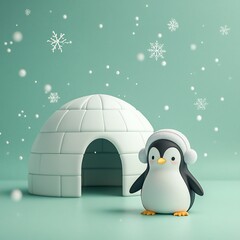 Cute penguin wearing earmuffs near an igloo in a snowy scene.