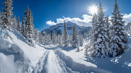 Sunny winter snow trail in snowy pine forest.