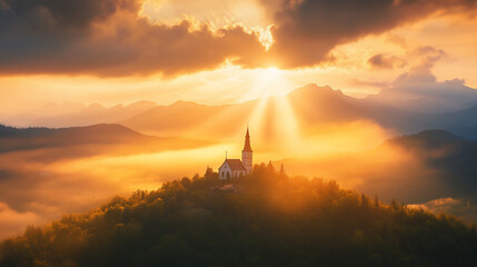Fototapeta premium Sunrise illuminating church atop misty hill.