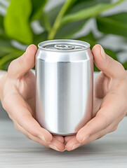 Two hands gently cradling a silver aluminum can against a leafy backdrop