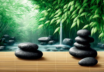 Zen spa stones with bamboo in a relaxing spa setting  Ai